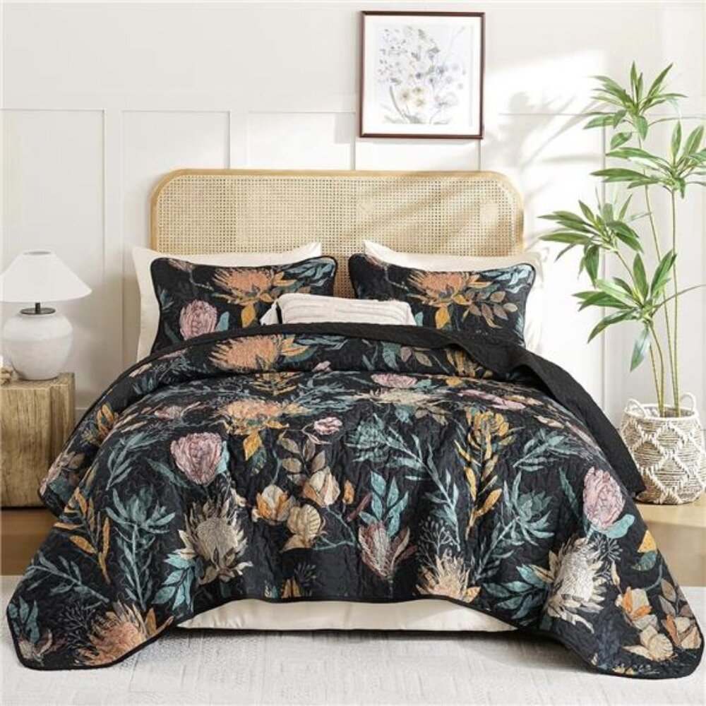 NEW Anthro Queen / King Black Reversible Boho Quilt Bedspread Bedding & Sham Set